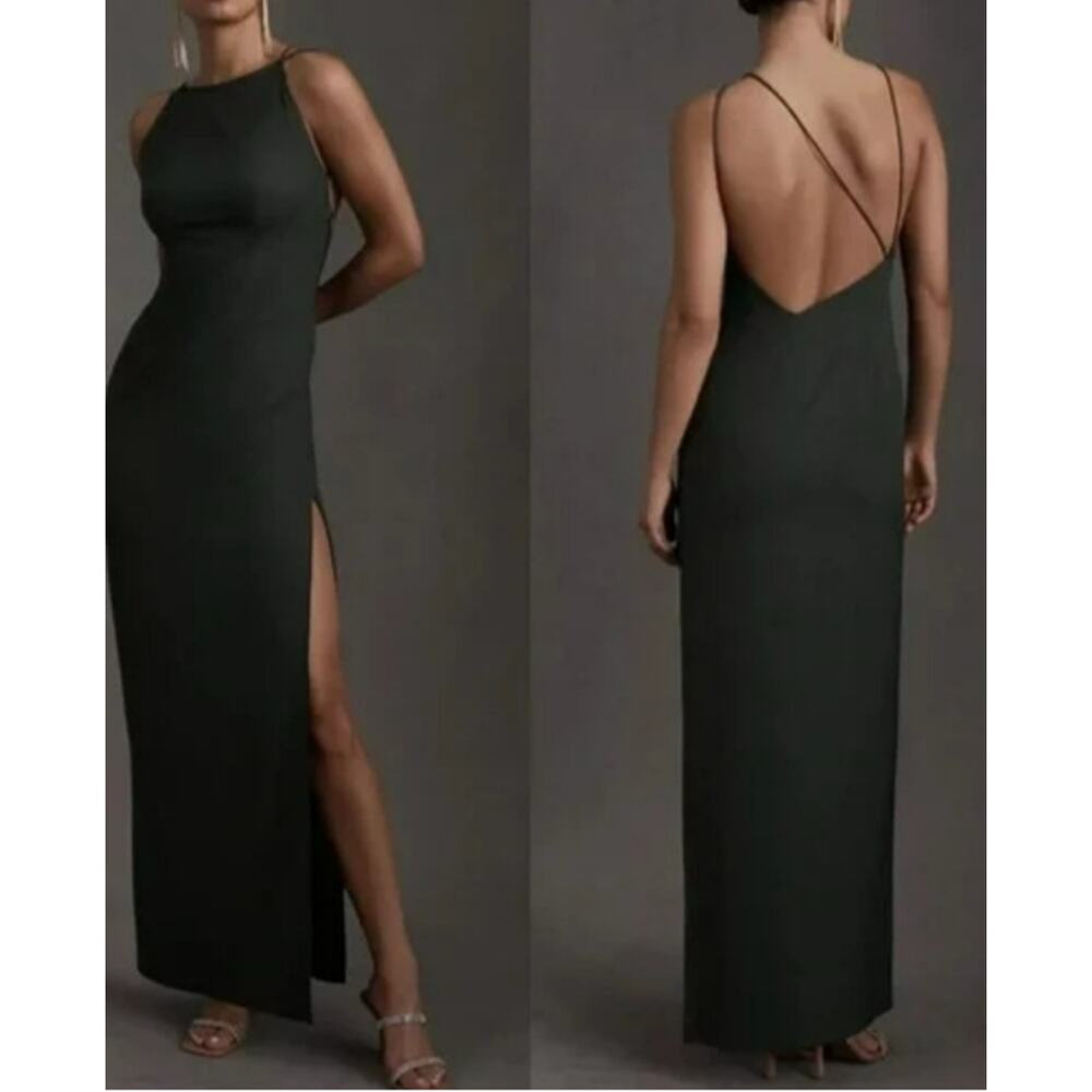 BHLDN Marta Crepe Bridesmaid Dress in Forest Green Strappy Spaghetti Strap Sz 10